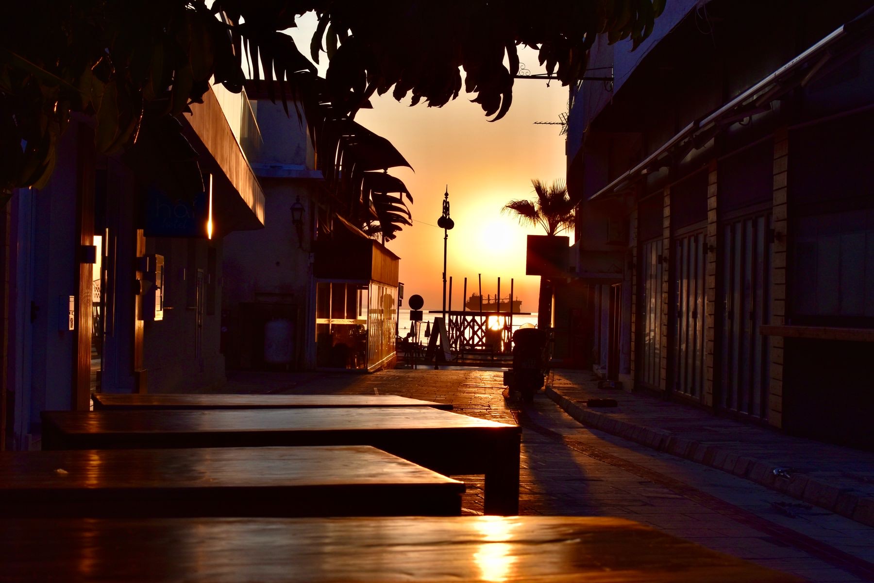 A seaside café promenade at golden-hour sunset, tables along the front and palms silhouetted against the sea