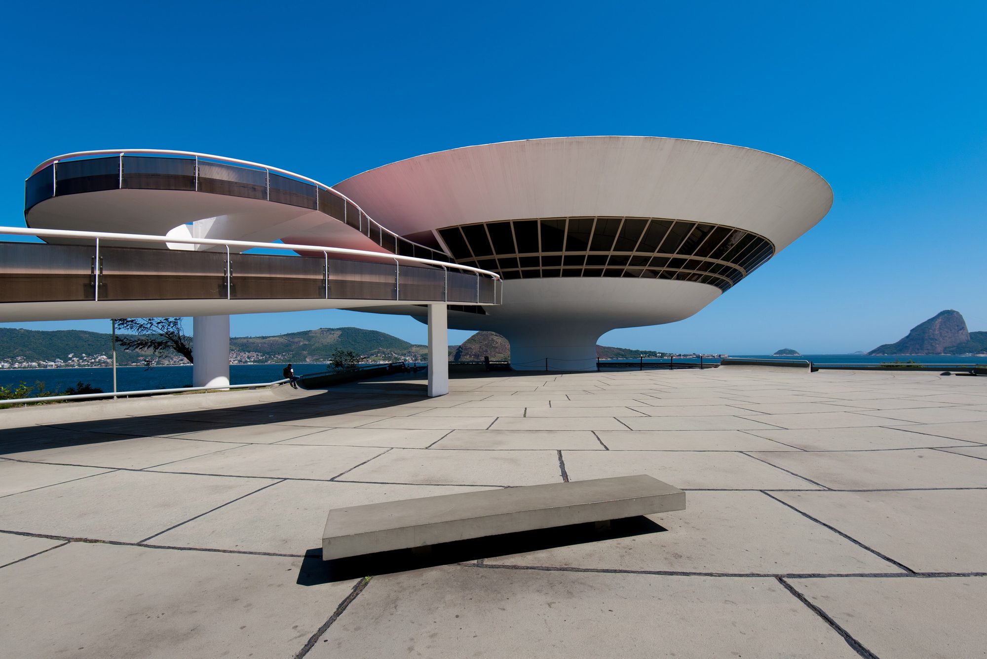 The Niterói Contemporary Art Museum by Oscar Niemeyer above the bay